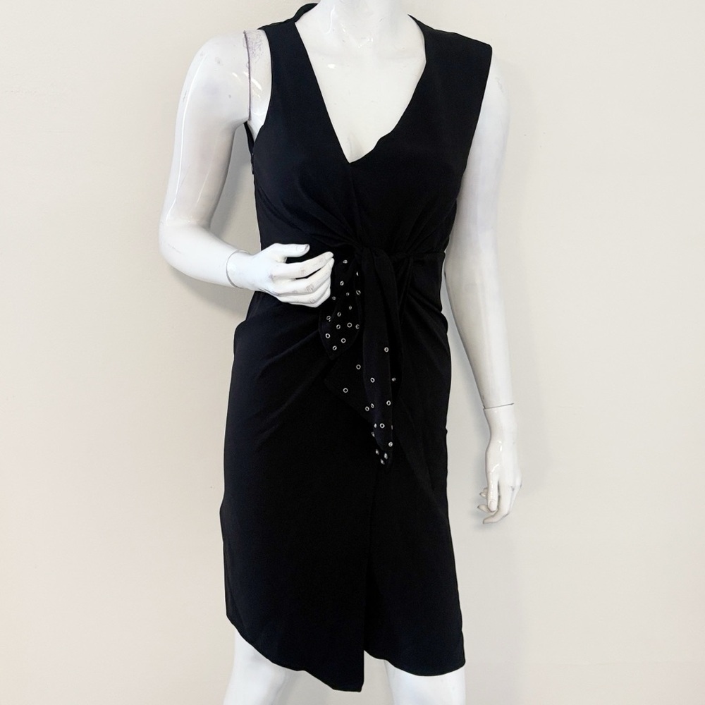 The Kooples Black Sleeveless Crepe Mini Dress w Eyelet Grommets at Waist Tie